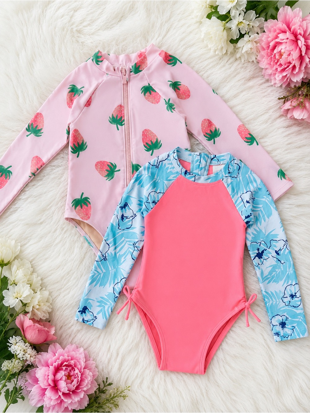 Kids Pink Strawberry & Coral Floral Long-Sleeve Swim Set of 2